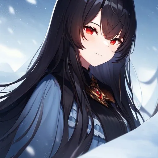 Clear focus,High resolution, black long fluffy hair, long fluffy bangs, red eyes, wearing a snow outfit, extreme close up, evil smile