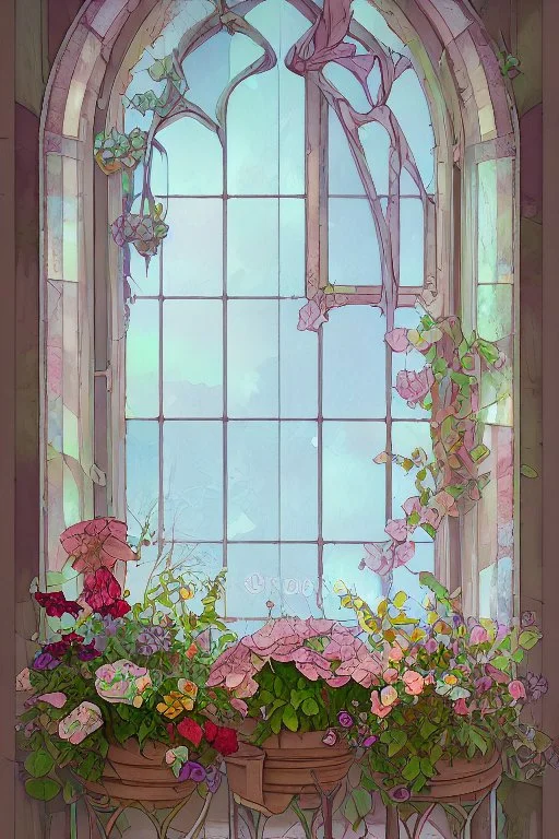 Shabby chic window with flowerpots and bouquets filled with beautiful flowers.full sunlight, stormy clouds, bird, watercolour and ink, stained glass Modifiers: elegant intricate beautiful fantastic view crisp quality colourful Jean-Baptiste Monge pastel colors full view