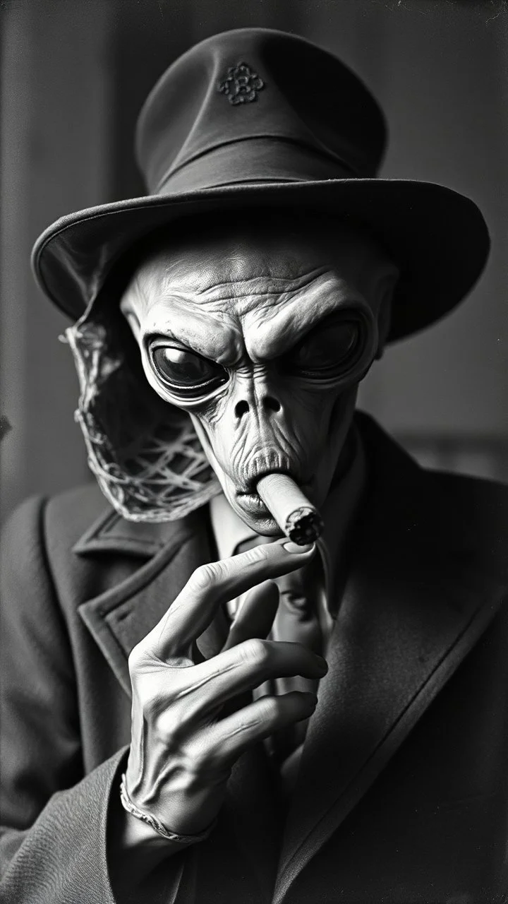 Get An old picture style of black and white mono very bad quality looks very old camera picture of an alien smoking a cigar like a boss , year 1900