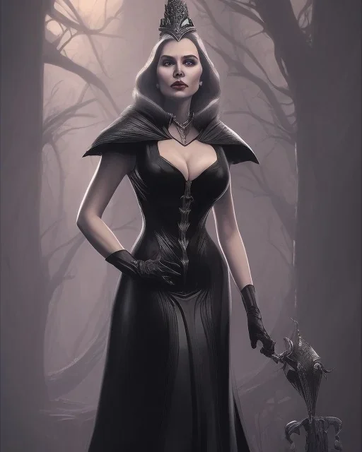 old evil queen in black leather gown, femme fatale, volouptous, busty, cleavage, angry, emperious, 8k resolution concept art portrait by Greg Rutkowski,