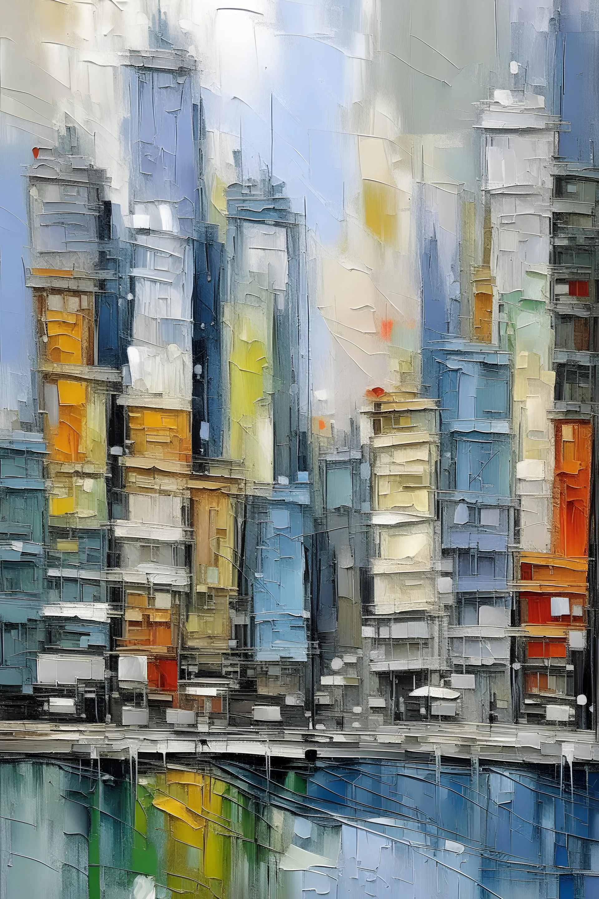 City. Painting with a palette knife, deep, rich colors, as well as complex, expressive textures. Write expressively, model large bright shapes, create voluminous dynamic strokes.