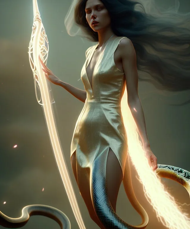 Holy Virgin, celestial light, beautiful, long fabric dress, beautiful long black hair to the waist, big snake around body, grabbing snake, head and shoulders portrait, 8k resolution concept art portrait by Greg Rutkowski, Unreal Engine 5 volumetric lighting