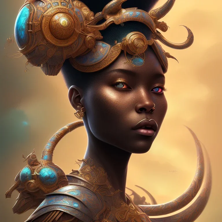 sango fantasy, fantasy magic, intricate, sharp focus, illustration, highly detailed, digital painting, concept art, matte, masterpiece head sexy view black African beauty black afro hair space lady turquoise tiger skin Hawaiian princess facing forward