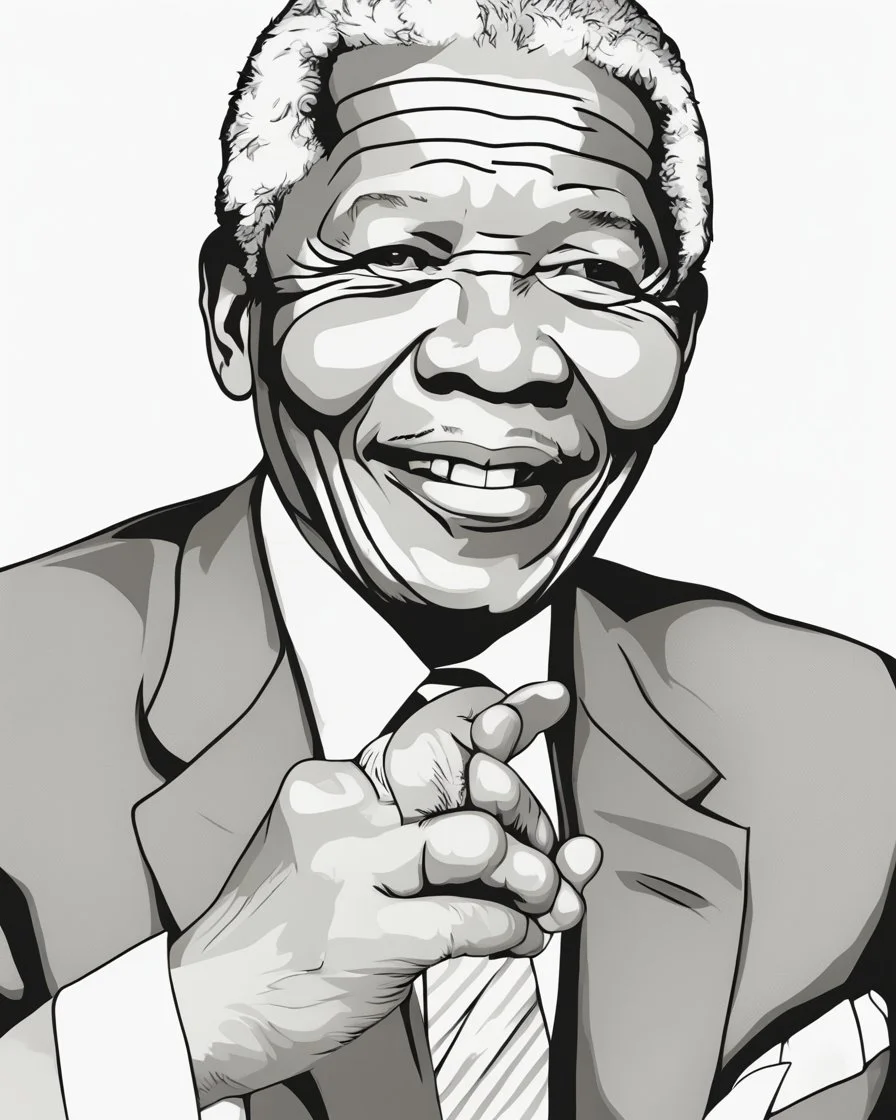 Outline art for coloring pages with Nelson Mandela, white background, cartoon character, sketch style, only use outline, line art, white background, no shadows and well and clear outline