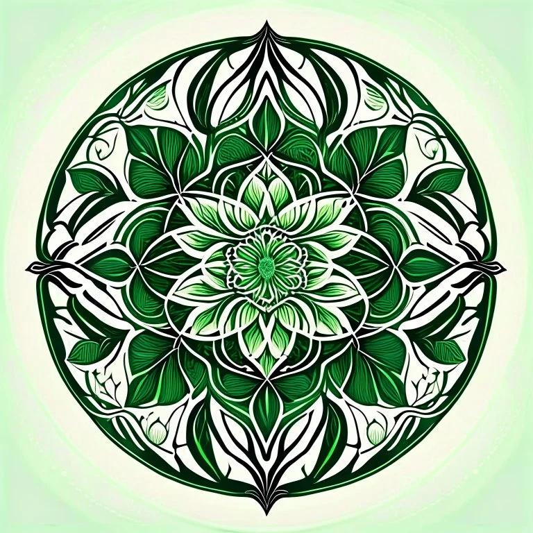 logo in a style of Mandala. Round. The logo depicts a mystical botanical motive. Thin lines. Ornament. Green