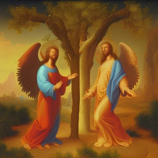 Pre incarnate Christ appearing to Abraham at mamre's oak trees with two angels