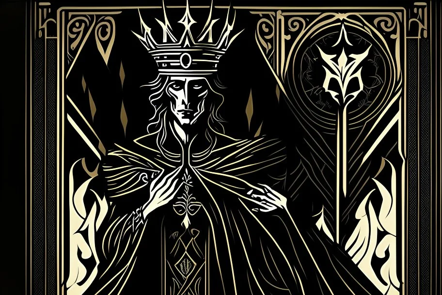 Stylized goth king, In the style of Tarot and Art Deco, Black colours