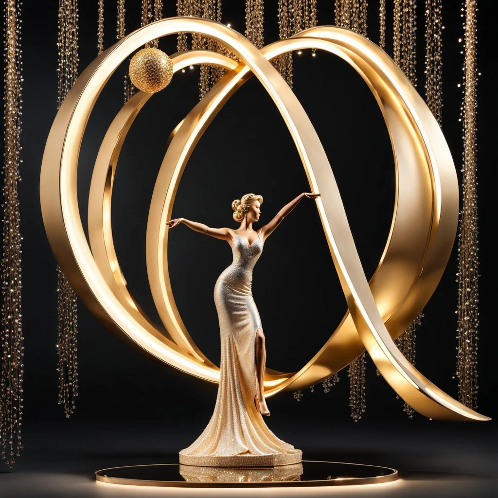 A magnificent golden and silver heart-shaped sign adorned with a stunning golden sphere encrusted with sparkling diamond clusters at its center, elegantly spinning in position,a girl statue standing pose