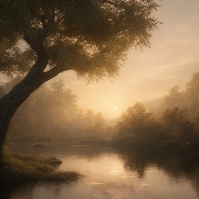 tree river scene twilight dusk peaceful tranquil landscape