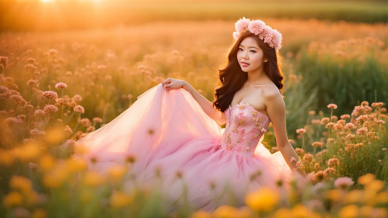 A gorgeous Asian model in a fairy outfit in a field of flowers at sunset