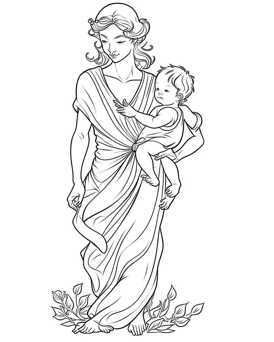 mother coloring page, full body (((((white background))))), only use an outline., real style, line art, white color, clean line art, white background, Sketch style