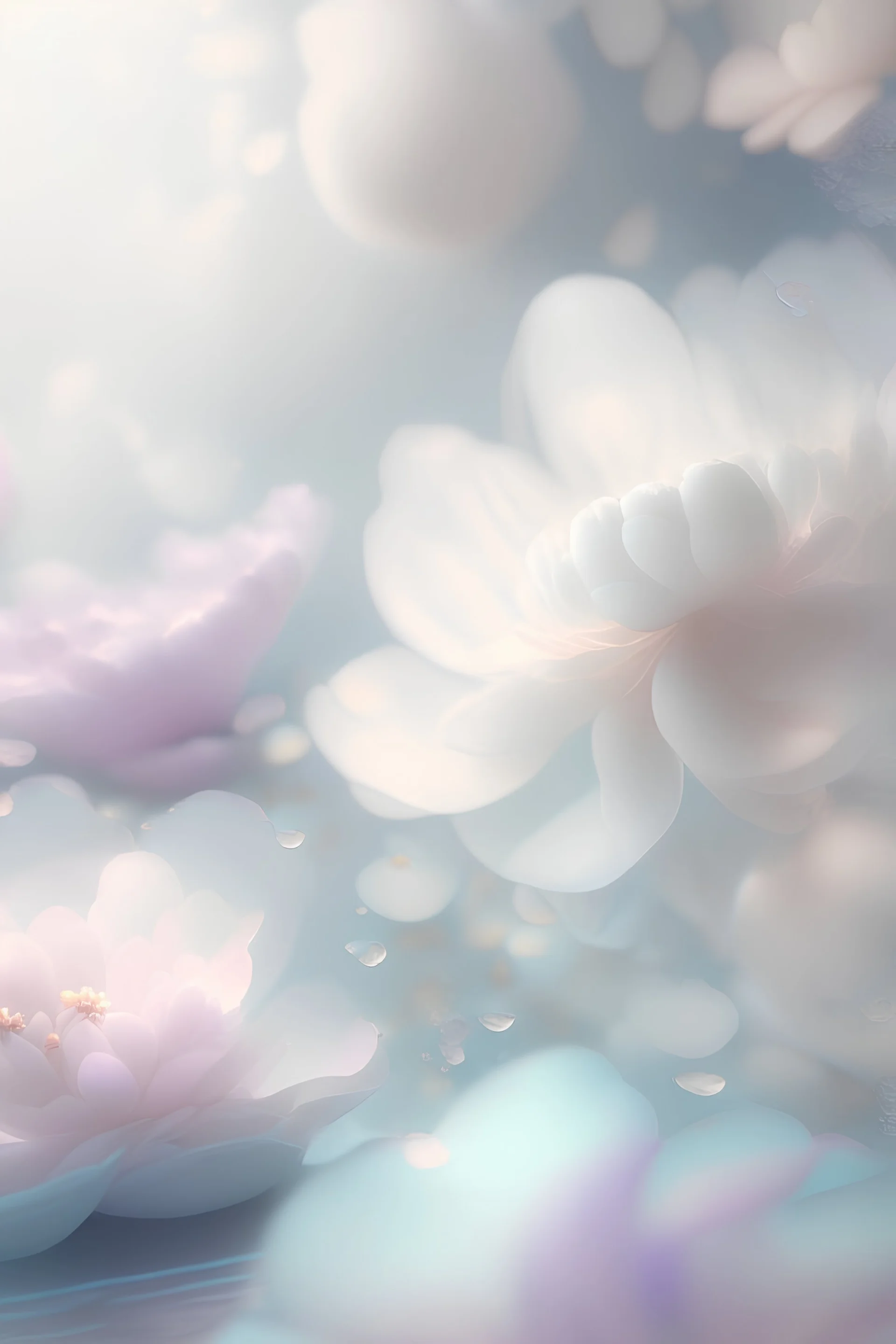 Soft pastel colors, floating, ambient music, soft light, relaxing image, flowers, pro Shoot, detailed, realistic, 4k