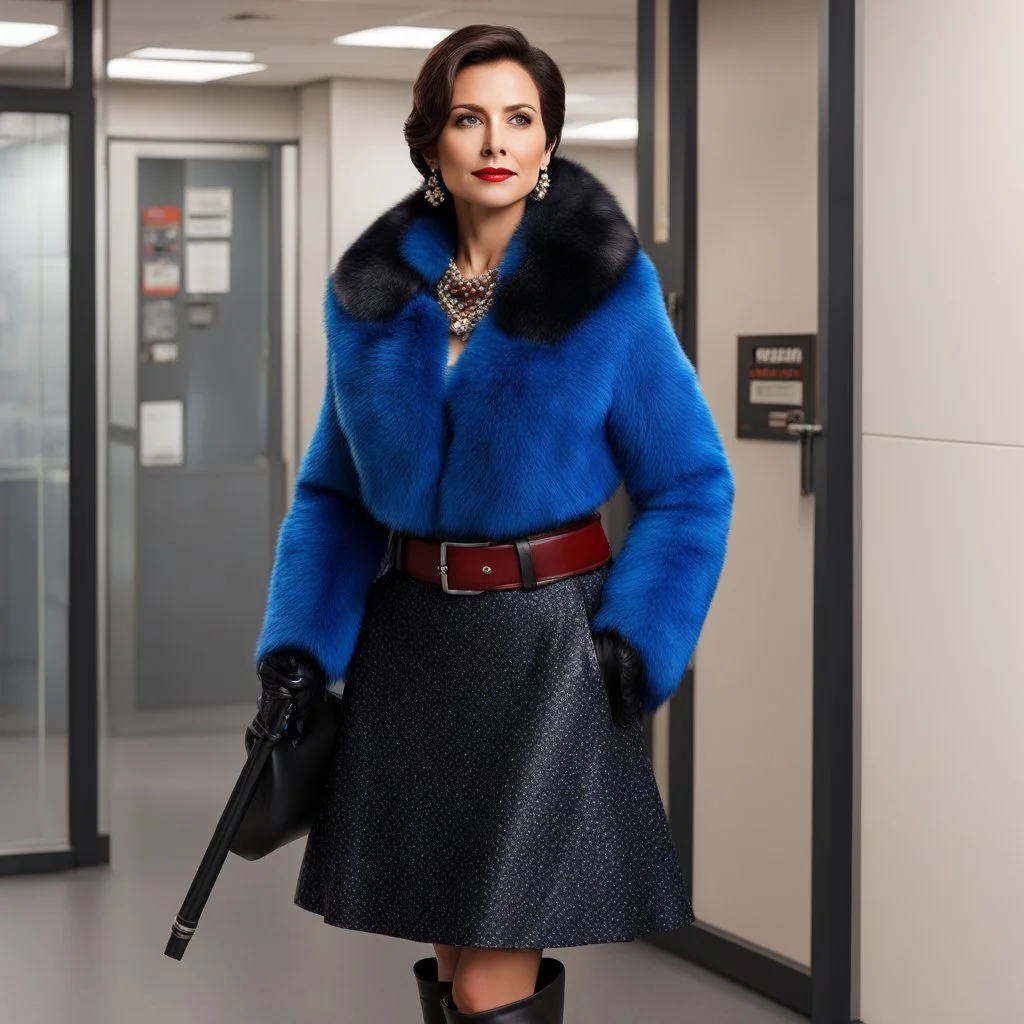 [in a police office] a brunette 40 yo woman with a blue pullover, a short fur coat, and a skirt with dark flowers. She wears dark leather boots, she wears a collar with red pearls and has clear eyes