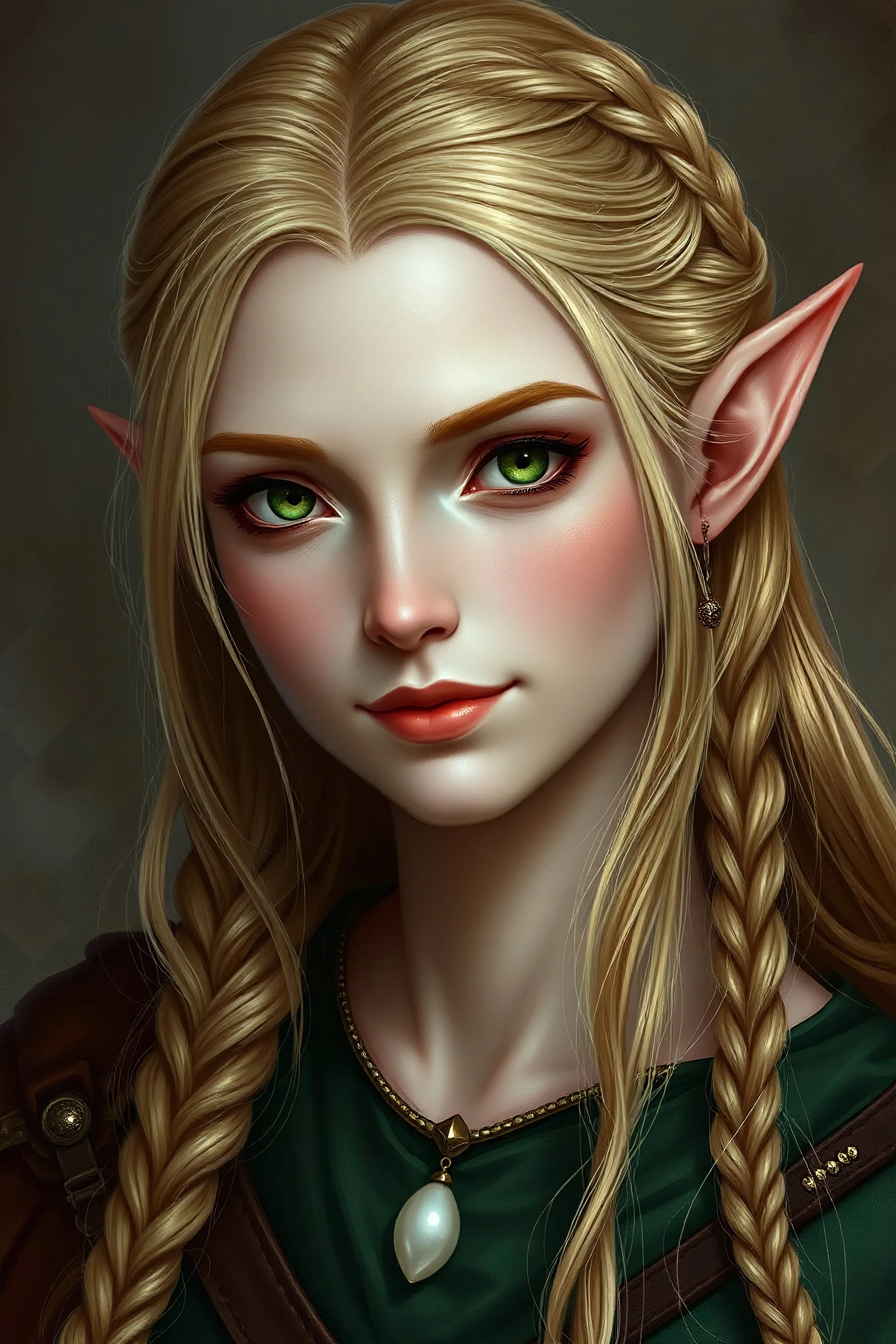 photo realistic 3/4 portrait of a female high elf noble with short elf ears, a heart shaped face, small smile, light green eyes, very pale skin, long strawberry blonde hair with some with braids some loose, wearing single tiny pearl pendant necklace, fantasy dungeon and dragons