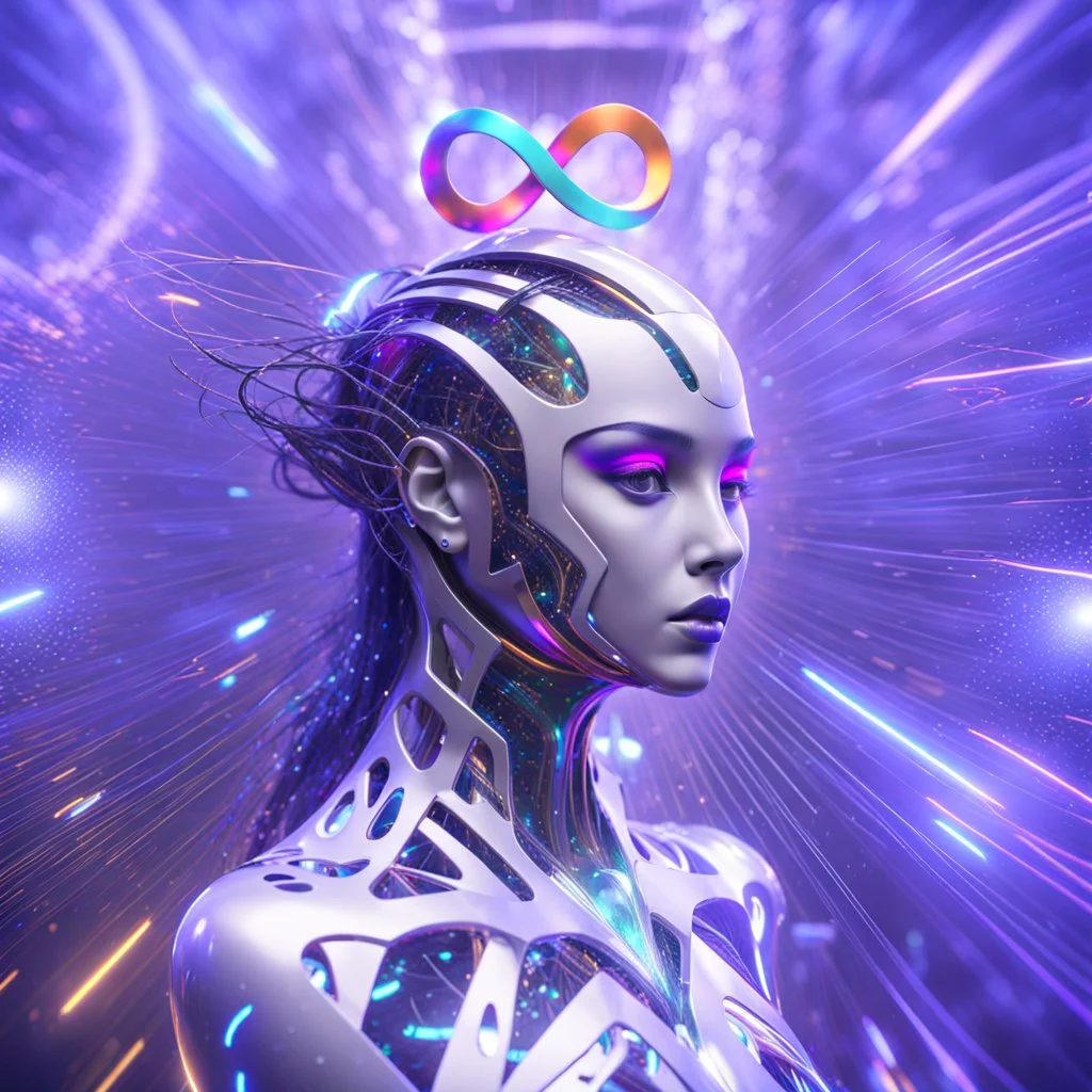 ∞ 3D infinity symbol, perfect infinity ∞, bright colors, +infinity totally-symmetrical ∞, head and upper body, cutting edge technology, exotic, inspiring, fantasy, scientific, friendly, beautiful, octane render, 8k post-production, artstation: award-winning: atmospheric: commanding: fantastical: clarity: 16k: ultra quality: striking: brilliance: liquid medium: stunning colors: amazing depth; lens: f/8, 24mm