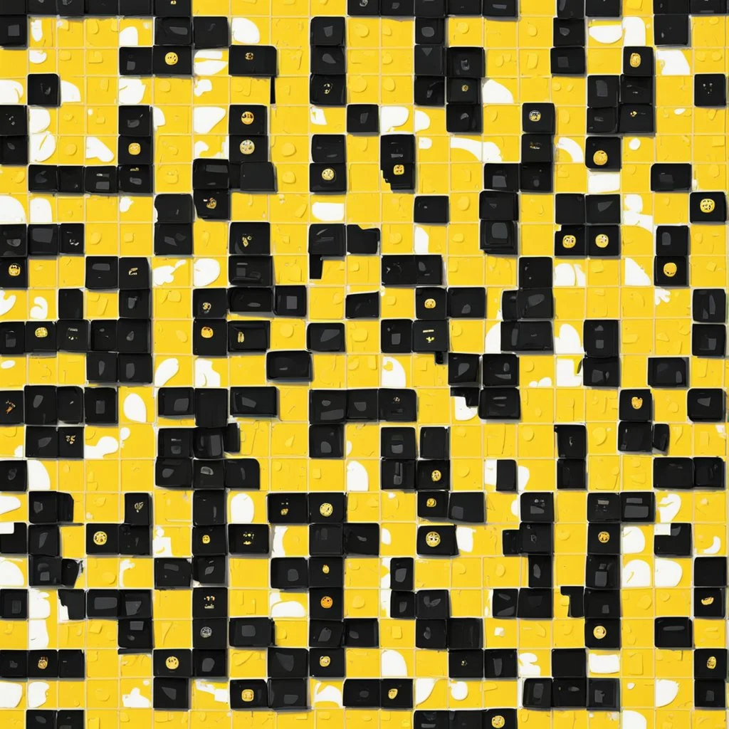 emoji art, surreal emoji styled in crossword puzzle pattern, crossword aesthetics, black background, minimalist, yellow-black-white tri-color, by Jack Yerka