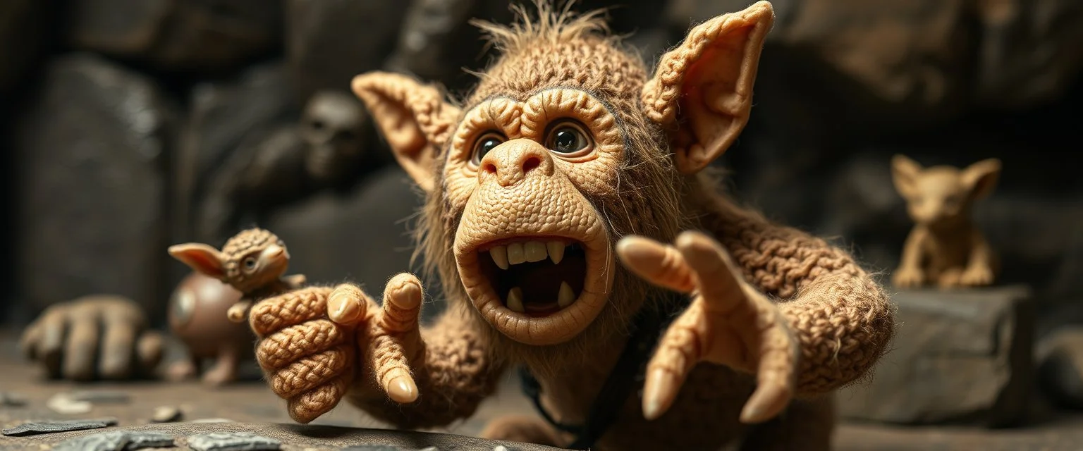 pin hole picture, miniatures on fake scene,master oil painting by Rembrandt, good afternoon disney bitch scary stone age gremlin neanderthal, close up on a stupid knitted doll trying to explain something weird, in the style of HR Giger