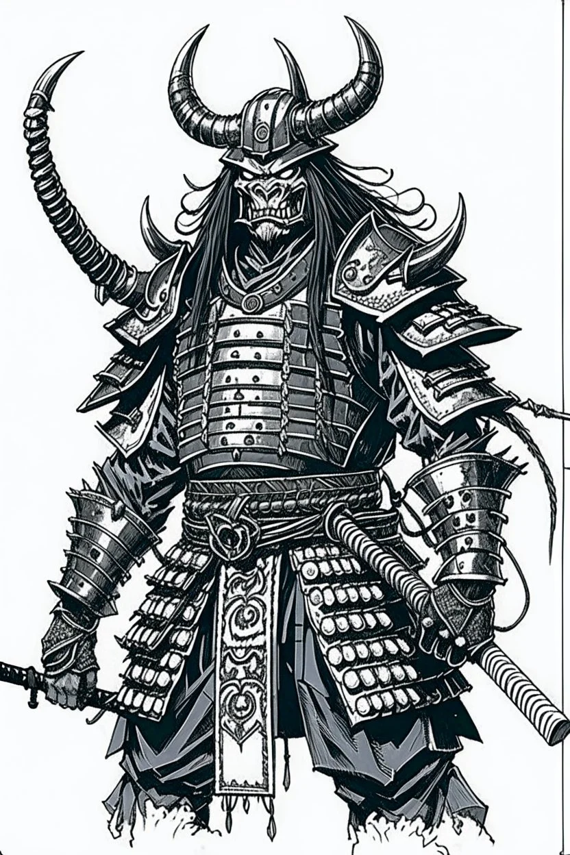 Armoured Samurai with oni mask ,manga, from 1980 dark fantasy, style by Kentaro Miura