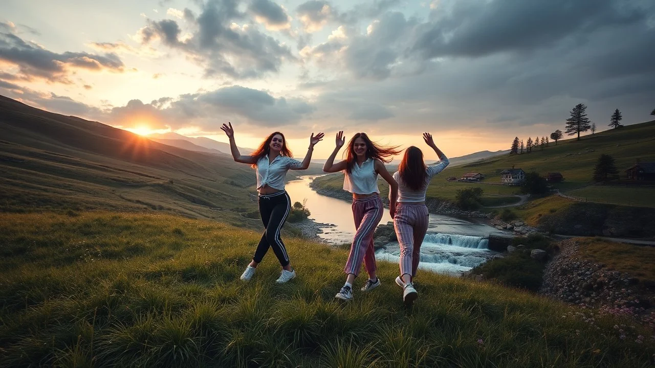 a group of young ladies in sports pants and blouse are dancing to camera in high grassy hills,a small fall and river and wild flowers at river sides, village houses,some trees ,cloudy sun set sky