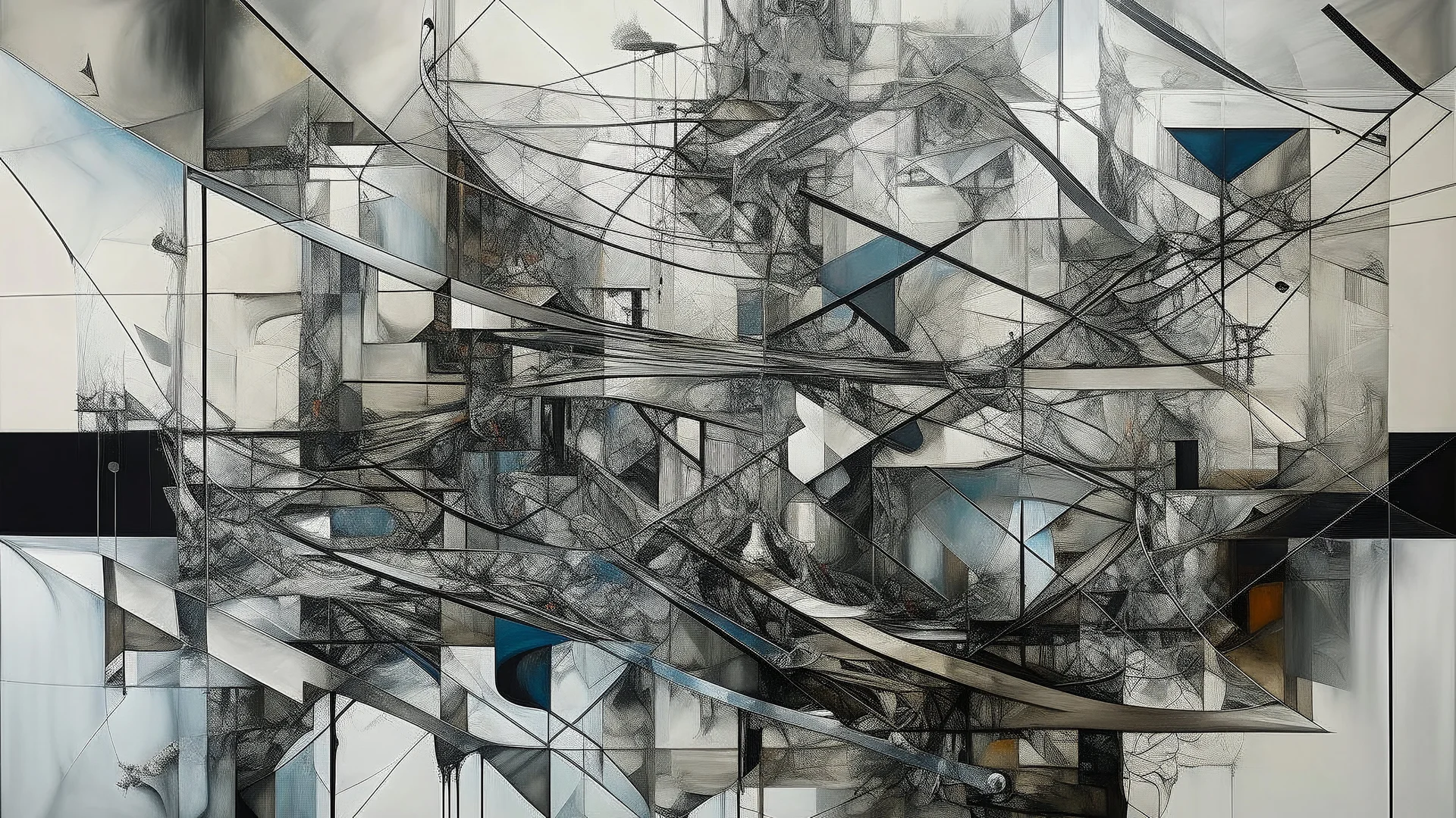 Painting of structures with shifting perspectives, letters, figures, surreal fusion of limbs, dynamic dance flow, drawing masterpiece, Bauhaus, dream, minimalist carousel of collage selections, white cubic space.