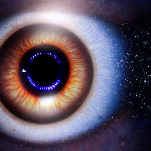 Photorealistic cyborg eye with the iris as a galaxy and the pupil as a black hole.