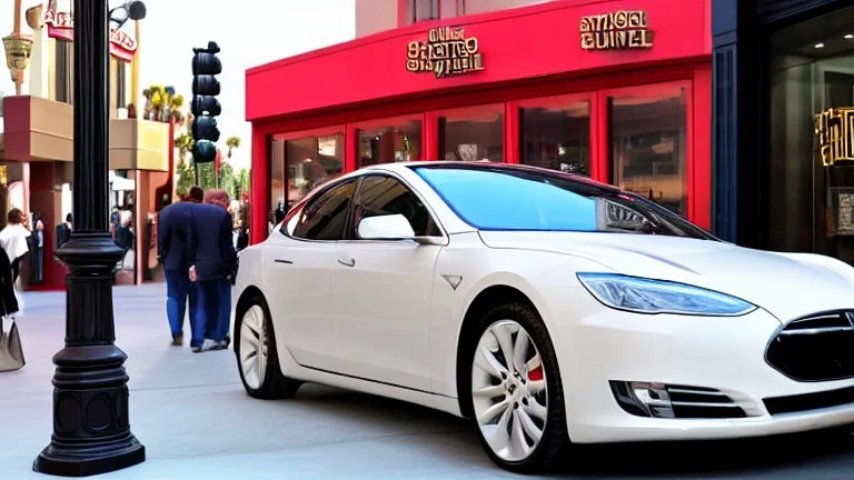 A Tesla's 'Model S Plaid' is parked, at the 'Universal Studios Hollywood', in Los Angeles. CINEMATIC. WIDE ANGLE LENS.