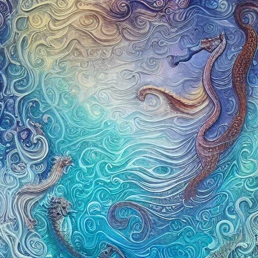  Beautiful ocean scene with elegant seahorses and mermaid with insanely intricate flowing hair and small colorful fish. Extremely detailed. Giger. Bernini. Fractal water, waves ,landscape ,by Sheryl Rohrbacher