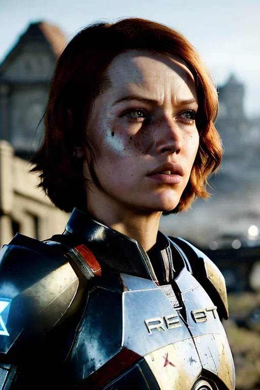 ultrarealistic, ruined city,__mass effect armor__, __angles__, 12 year old woman, strikingly beautiful, ginger hair, silver colour, [__starlets__|__starlets__], (pale __skincolor__ skin:1.2), __camera__, _hair_, detailed face and eyes, medium breasts, leather choker, freckles, dynamic pose, resolved expression, __accessory__, strappy outfit, (straps:1.1), sword in scabard on left hip, (buckles, buttons, snaps, rings:1.0), haltertop style breastplate, detailed eyes, plump lips, sci-fi theme