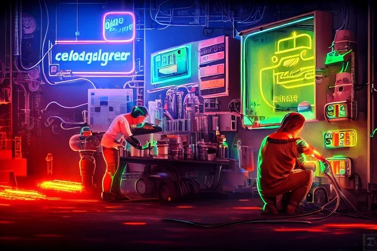 engineer cleaning batteries of cyborgs,centered, detailed, 8k, fabrik , arbeit, sklaverei,cyberpunk art, neon signs, wide angle,