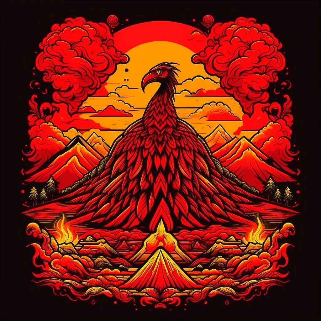 A red volcano with a fiery phoenix designed in African masks