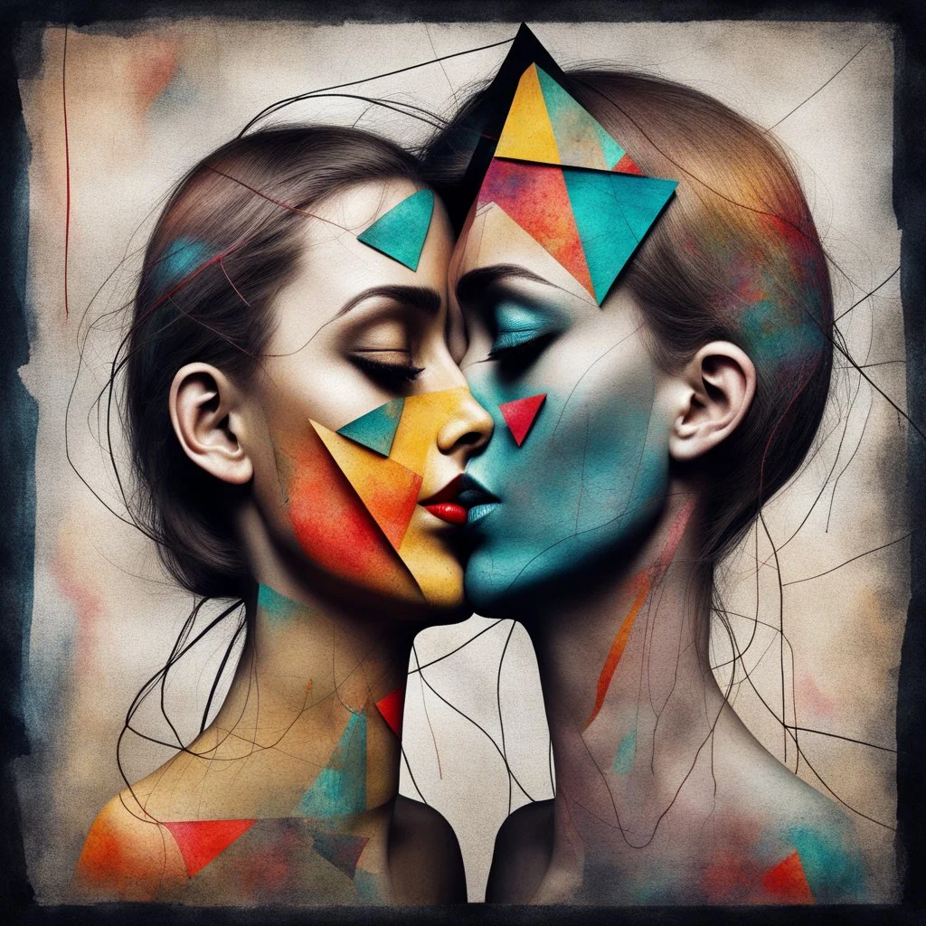 Whimsical kissing: This strange asymmetric abnormal kissable beautylady has a head that looks like a triangle, a square and a circle sewn together with cords. Colorful abstract art, mixed media. Disturbing, turpistic, dark. Scratches. Kissing background.