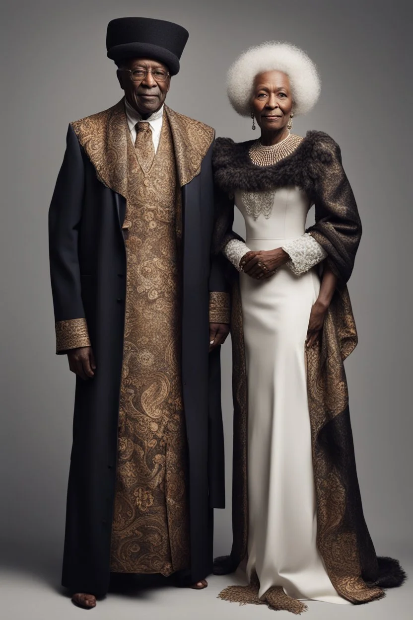 married couple of elderly dark-skinned, dressed in an epic diplomatic gowns