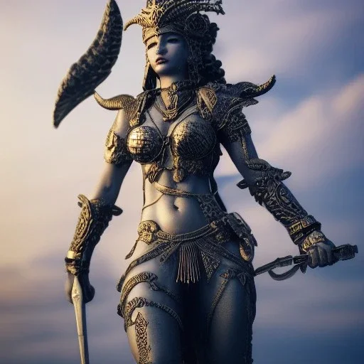 badass female goddess of war, very beautiful figure,tilt shift blur, wearing detailed,armor,object shadow,extraordinary, sharp focus,macro lens,intricate filigree metal design, full body portrait, cinematic, unreal engine 5, 8k, hyper realistic. Volumetric lighting, unreal engine 5 ,hyper elegant,hyperphotorealistic, epic composition,bokeh, cinematic lighting, hyperphotomaximalist, masterpiece,epic composition, ,Glim lighting