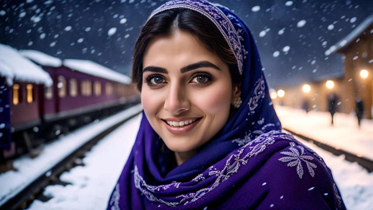 Hyper Realistic Photographic Low-Angle View Of A Beautiful Young Pashto Woman With Beautiful Eyes Lips & Nose (Wearing Beautiful Navy-Blue Frock With Purple Embroidery & White-Wool Shawl With Her Long Black Whirling) Happily Sitting & Smiling At The Village Railway Platform At Heavy Snowfall Night Showing Dramatic & Cinematic Ambiance.