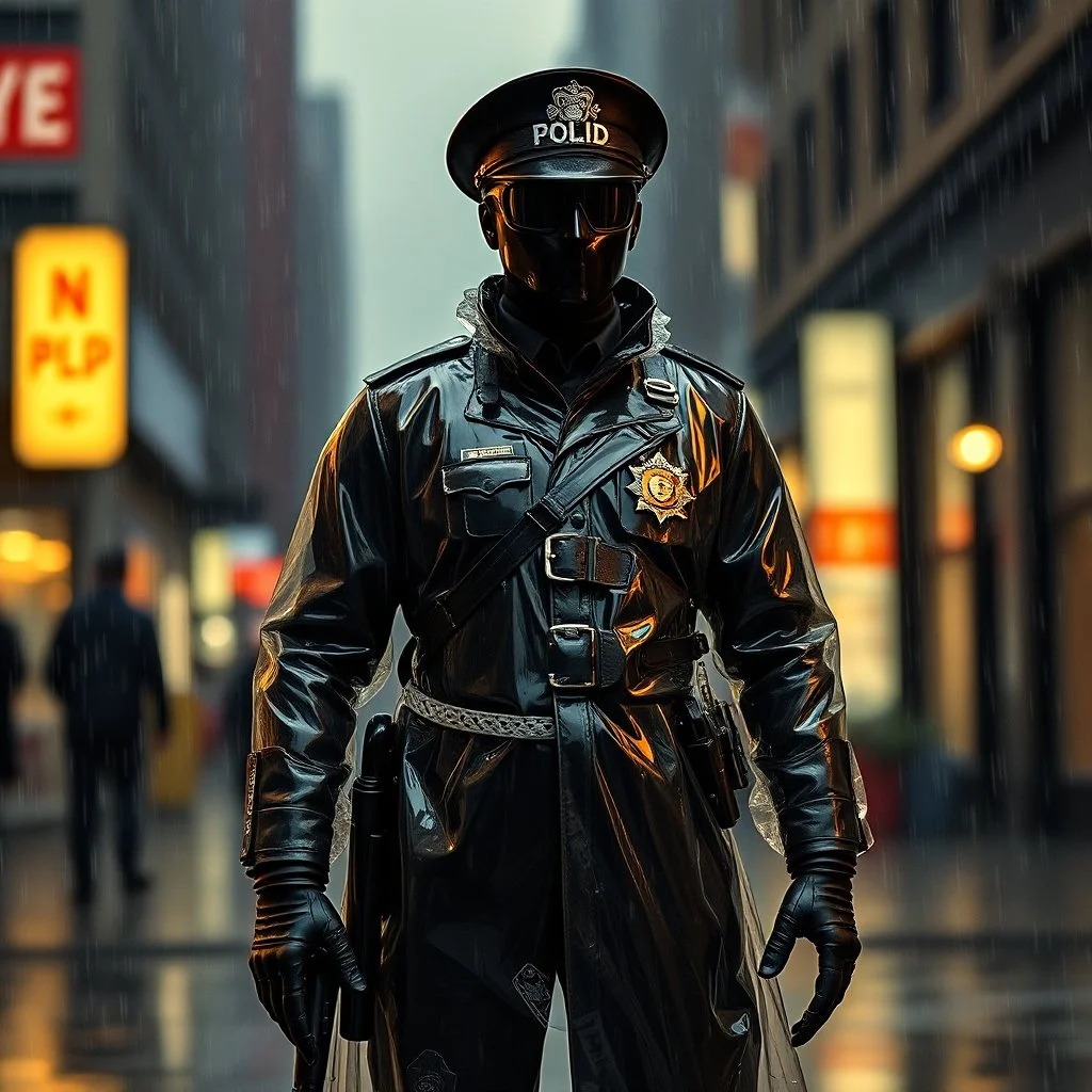 vintage, nypd full body color 1920 black policeman with exoskeleton wtih heavy rain transparent coat