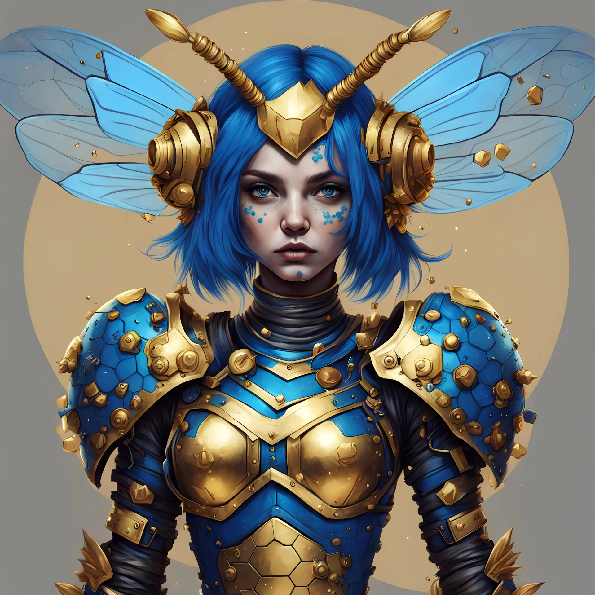 Blue honey bee girl with golden armor in Punk art style