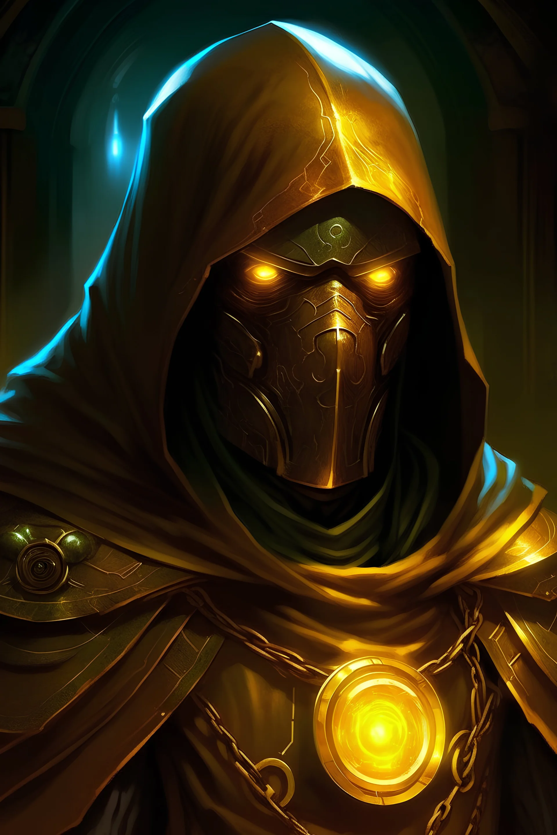 Warforged, made of copper, glowing yellow eyes, wearing cloak
