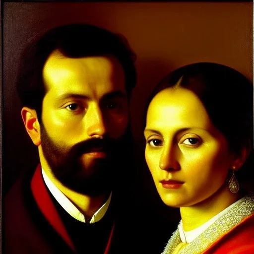 portrait of Jacobo Santiago Mozos born in 1976 and Gemma Arnau Arnau born in 1979,by JAN VAN EYCK, oil on canvas, cinematic composition, extreme detail,8k,fit full head inside picture