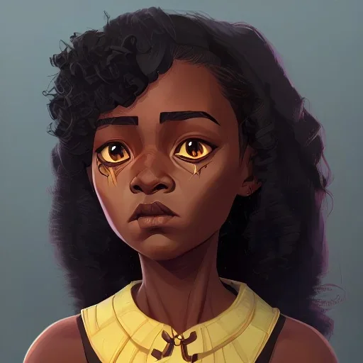 Portrait of a beautiful dark skinned little girl warlock with dark curly hair by Jim Kay