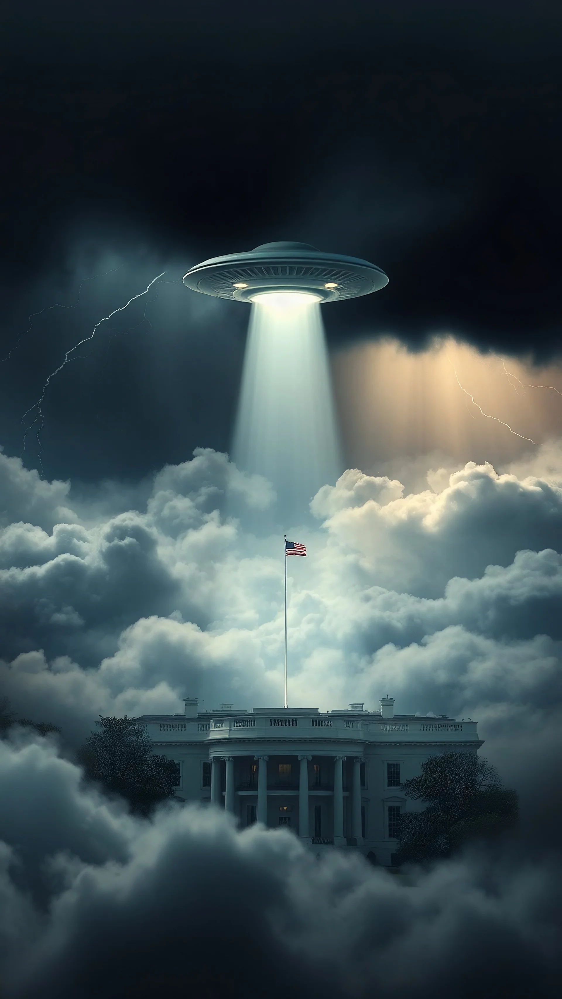 A ufo hovering above the White house hovering above swirling clouds, emerges from the heart of a raging storm. Turbulent winds of steam swirl around the iconic structure, lit by shafts of sunlight that cast dramatic shadows on the A large UFO spacecraft hovering over the White House surrounding clouds. A storm rages and thunder lights up the dark sky,