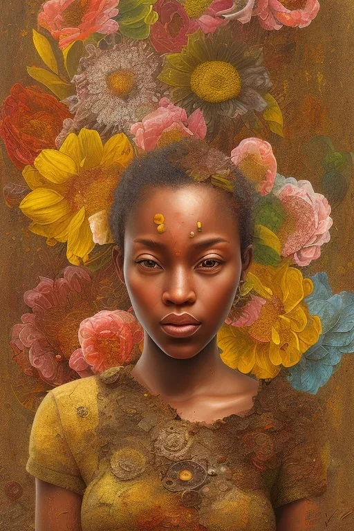 an abstract painting of rusted metal and flowers, african portrait, rust, scaffolding, iron cladding, decay, mixed media, textured, anatomically correct, beautiful perfect face, sharp focus, highly detailed