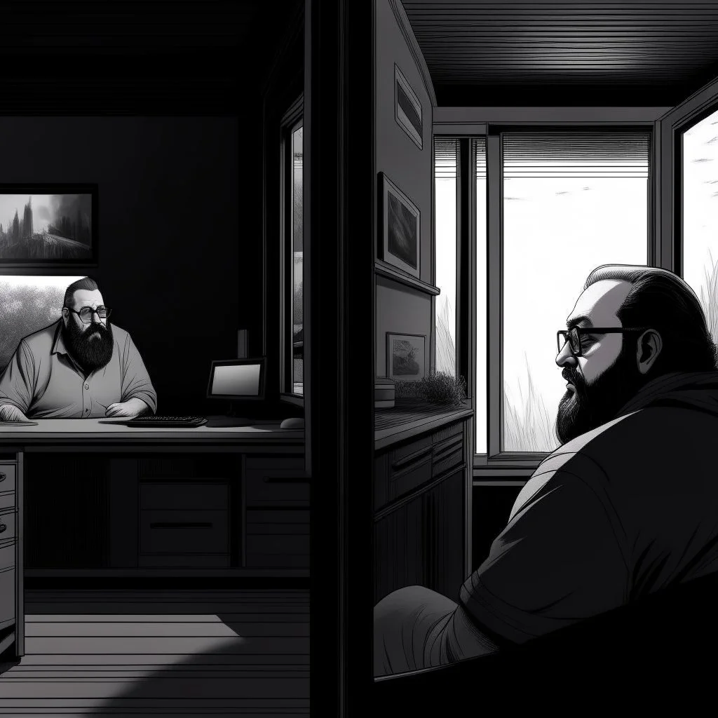 comicbook, 2 panels, black and white, in the left panel, a fat, bearded man watches the tv, (in the right panel, (side angle view:1.2)of the tv), background is a haunting dimly lit, decrepit room.The atmosphere should be chilling, with shadows and decay adding to the eerie ambiance.