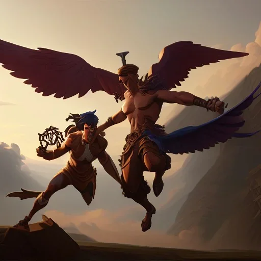 The winged messenger Hermes delivering a message to Zeus but Zeus is a Hydra. Medusa and the Minotaur are fighting in the background. High definition oil painting.