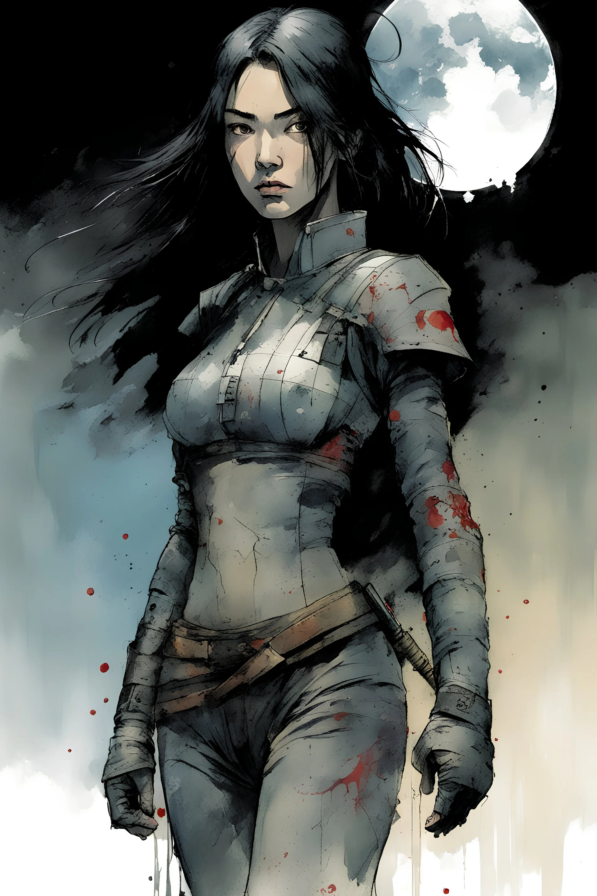 Stylized blood spatter with a Caucasian female samurai with short black hair. create in inkwash and watercolor, in the comic book art style of Mike Mignola, Bill Sienkiewicz and Jean Giraud Moebius, highly detailed, gritty textures,