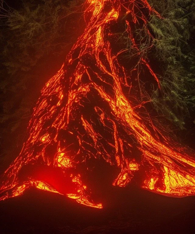 festive holiday Christmas tree surrounded by lava in a volcano