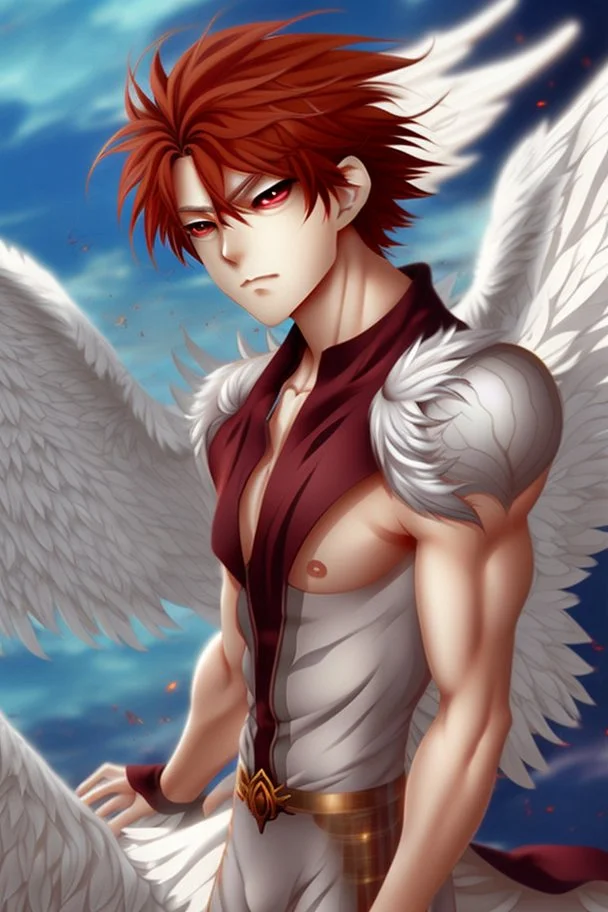 A male anime angel with messy red hair, gold eyes, large, feathered wings that look damaged.