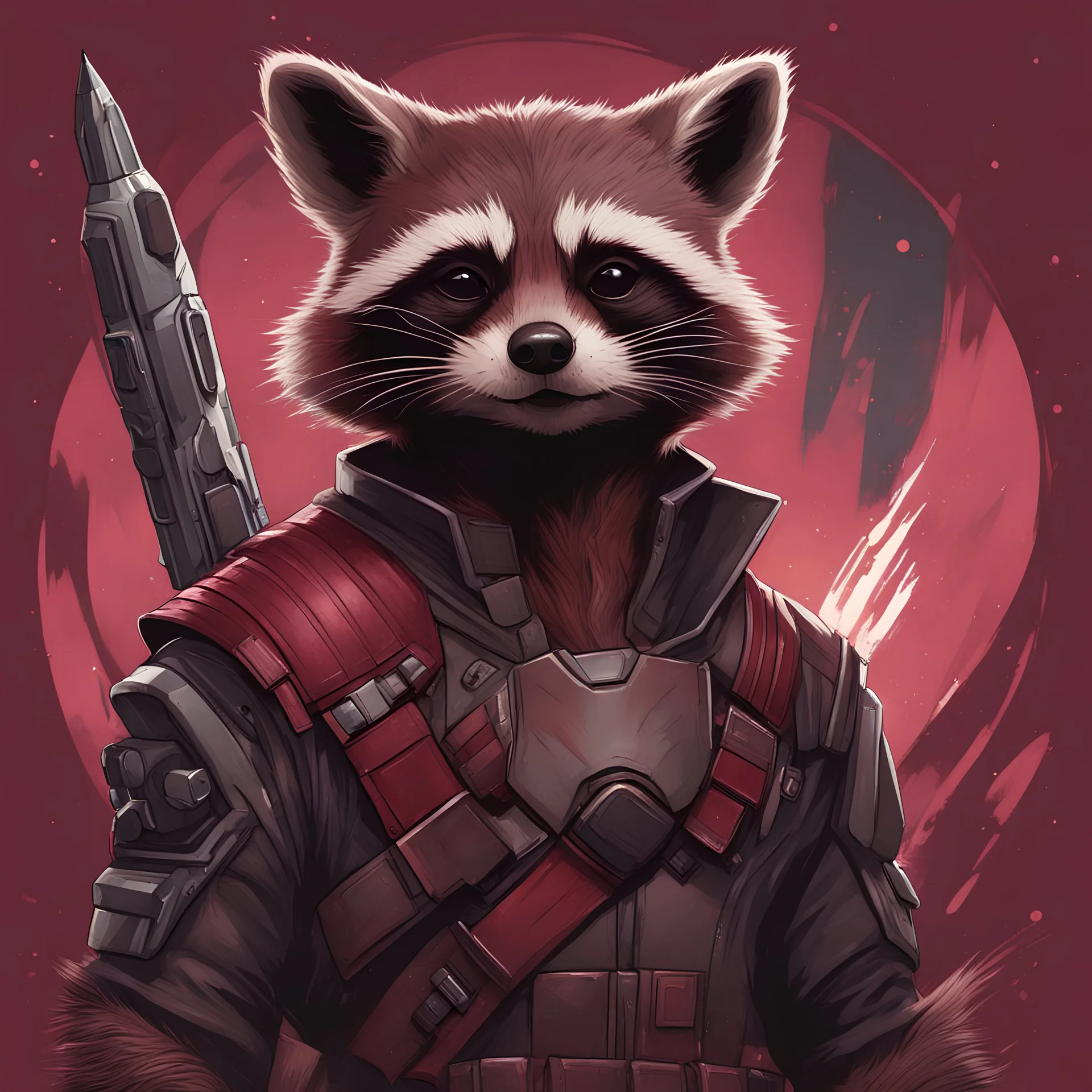 Rocket Raccoon with maroon and black palette with background in nouveau realism art style