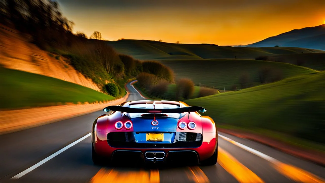 Bugatti Veyron In Road, Cinematic, Bright Colors, Rear View, Nice Saturation, Backfire, Desktop Wallpaper, Accurate, realistic, 8K