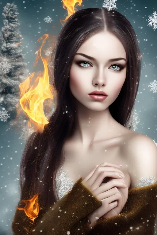 portrait young lady with big bobs black hairs Christmas in the snow and fire