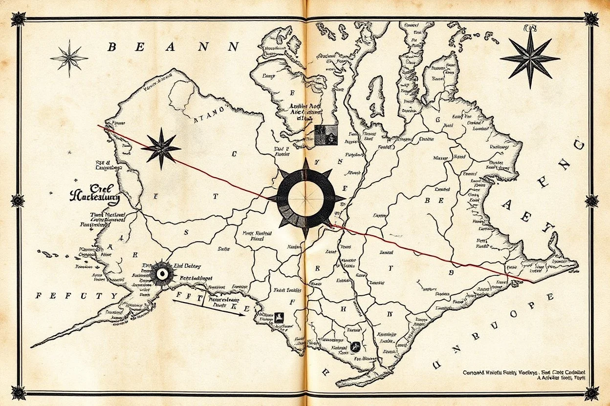 a scan of an ancient Cree Anishinaabe map, printed black and white but has since been stained and weathered